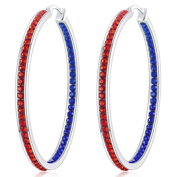 14K White Gold with Ruby Red and Blue Sapphire Cubic Zirconia Big Hoop Earrings - Picture 1 of 6